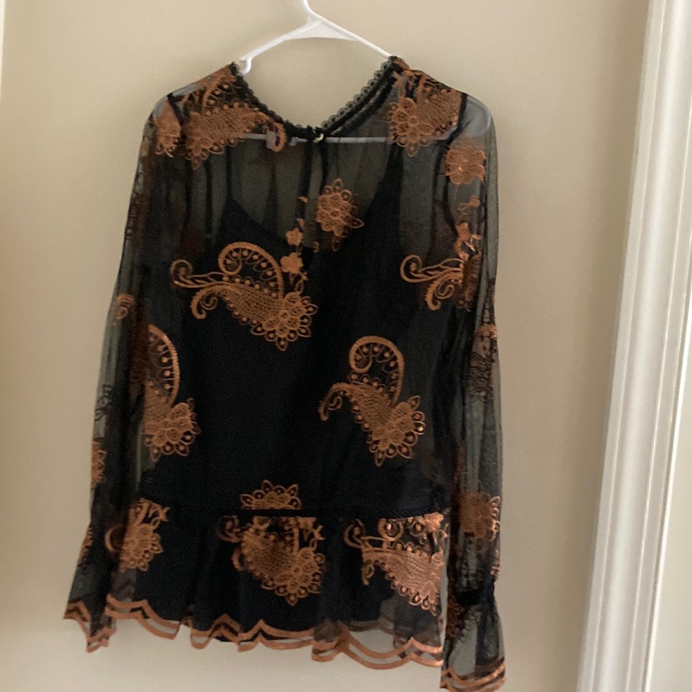 Fever printed embroidered mesh long sleeve top